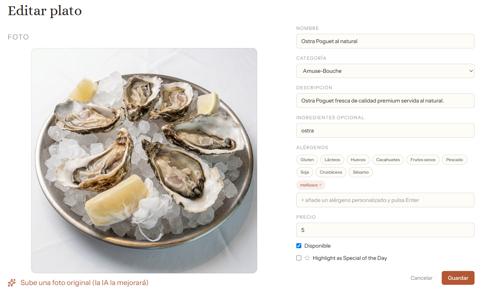 Editor de plato en VisualPlate